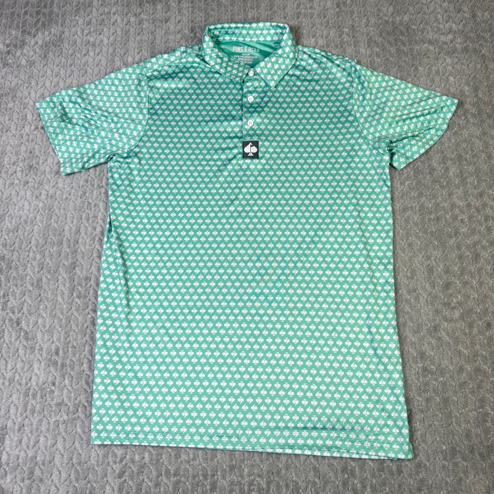 Pins & Aces Mens Golf Polo Shirt Medium Mint Green Spade Print Performance Soft